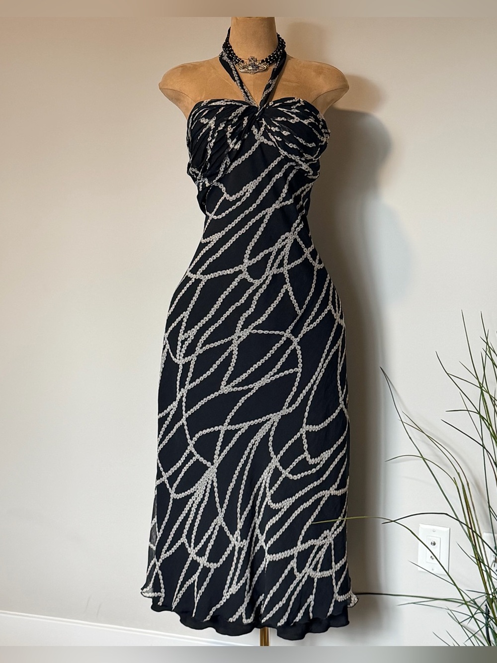 Chain Print black halter slip dress